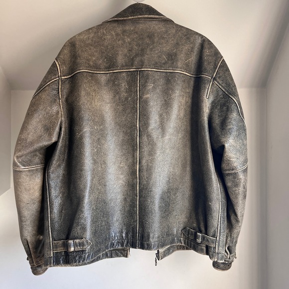 Vintage Worn Leather Bomber Jacket Brown Faded Distressed Oversized Biker Coat - Picture 7 of 9
